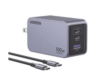 Cargador de 100W serie Nexode Pro | 3 Puertos de Carga Rápida | 2 USB-C | 1 USB-A | Tecnología GaNInfinity | PD3.1 de 100W / QC4.0 | Tecnología de Protección Térmica | Optimiza la Carga | Caja de Aluminio | Incluye Cable