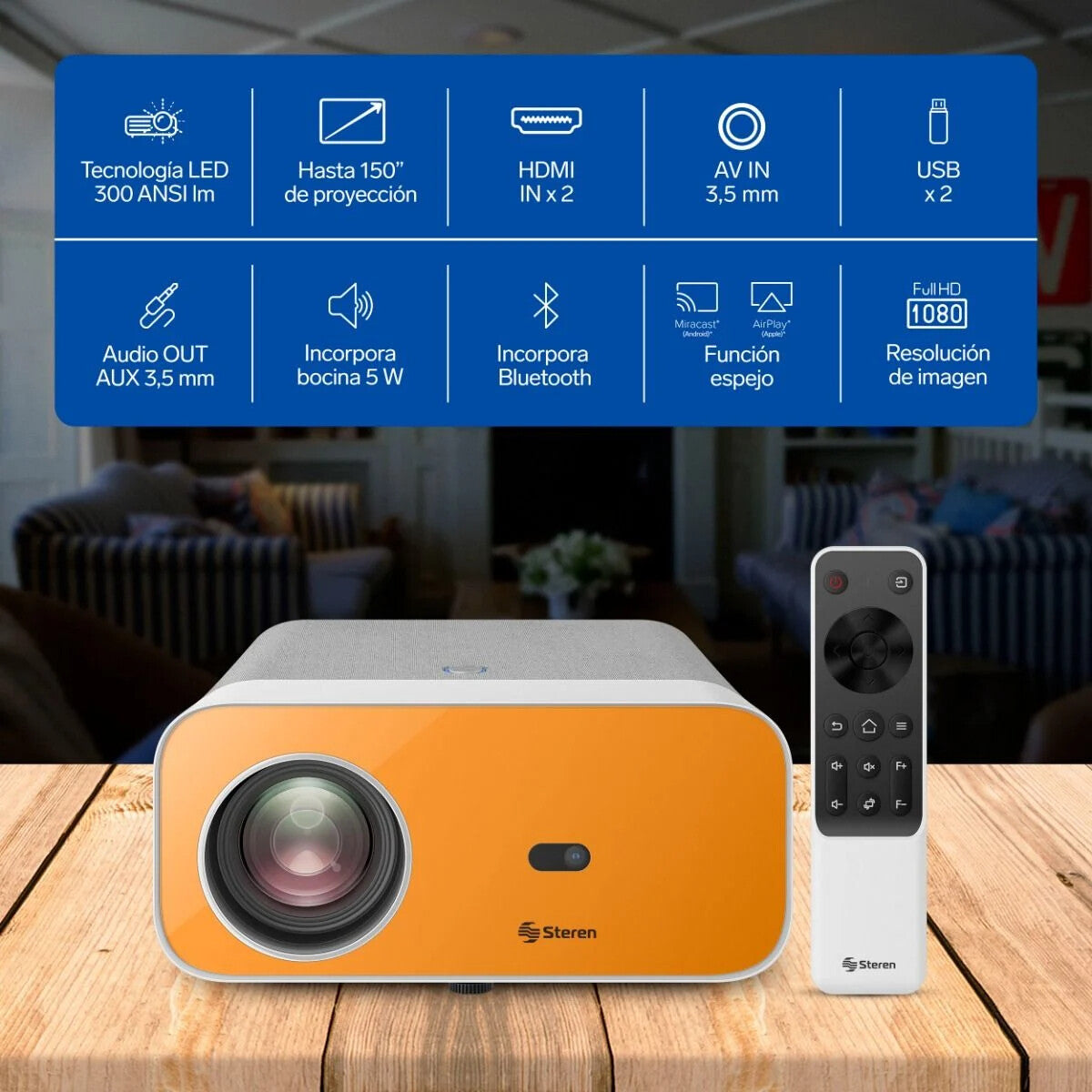 Steren PRO-4000 video proyector Proyector de alcance estándar 300 lúmenes ANSI 1080p (1920x1080) Gris, Naranja, Blanco