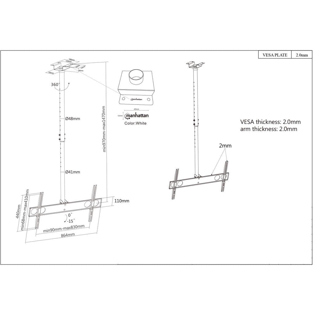Manhattan Soporte para TV, para empotrar en techo, con inclinación, pantallas planas de 37" a 70" de máximo 50 kg