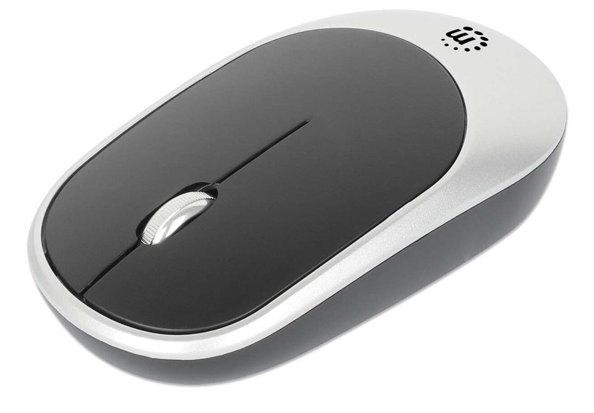 Manhattan Diseño elegante, un solo receptor USB-A Nano para ambos, teclado inalámbrico de tamaño normal, mouse óptico ambidiestro con tres botones y rueda de desplazamiento, 1200 ppp, plateado/negro