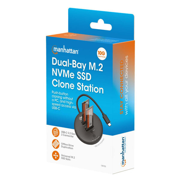 Manhattan Estación de acoplamiento y clonación de SSD M.2 NVMe. Base para duplicar o acceder a unidades M.2, con cable integrado USB-C SuperSpeed+ a 10 Gbps (USB 3.2 Gen 2), para unidades SSD 2230/2242/2260/2280/22110 con llave M o llave B+M, negro