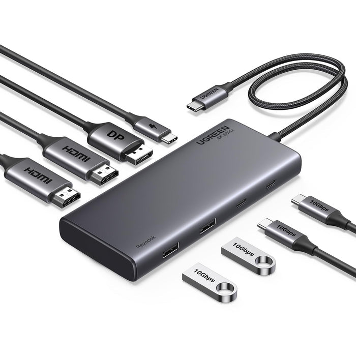 HUB USB-C (Docking Revodok 308) 8 en 1 | 2 Puertos HDMI 4K@60Hz | 1 Puerto DisplayPort 4K@60Hz 2 USB-A 10Gbps) | 2 USB-C (10Gbps) | USB-C PD Carga 100W | Chip de Ultima Generacion | Carcasa de Aluminio.