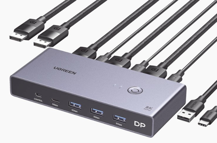 Conmutador KVM DisplayPort 8K | DP 1.4 | 2 Entradas 1 Salida | 4 Puertos USB 3.0 (3 USBA *1 USBC) | Soporta 8K@60Hz | HDR | Control de Escritorio | Carcasa de Aluminio | Indicador Led | Compatible Win, MacOs y Linux.