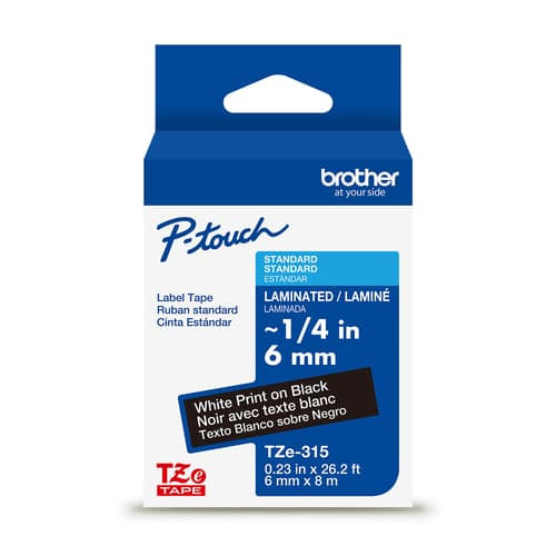 Brother Standard Laminated Label Tape, white text on black tape, 6mm x 8m
