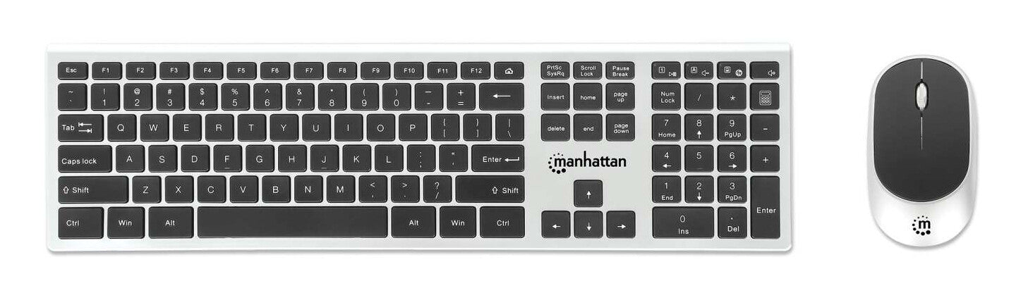 Manhattan Diseño elegante, un solo receptor USB-A Nano para ambos, teclado inalámbrico de tamaño normal, mouse óptico ambidiestro con tres botones y rueda de desplazamiento, 1200 ppp, plateado/negro