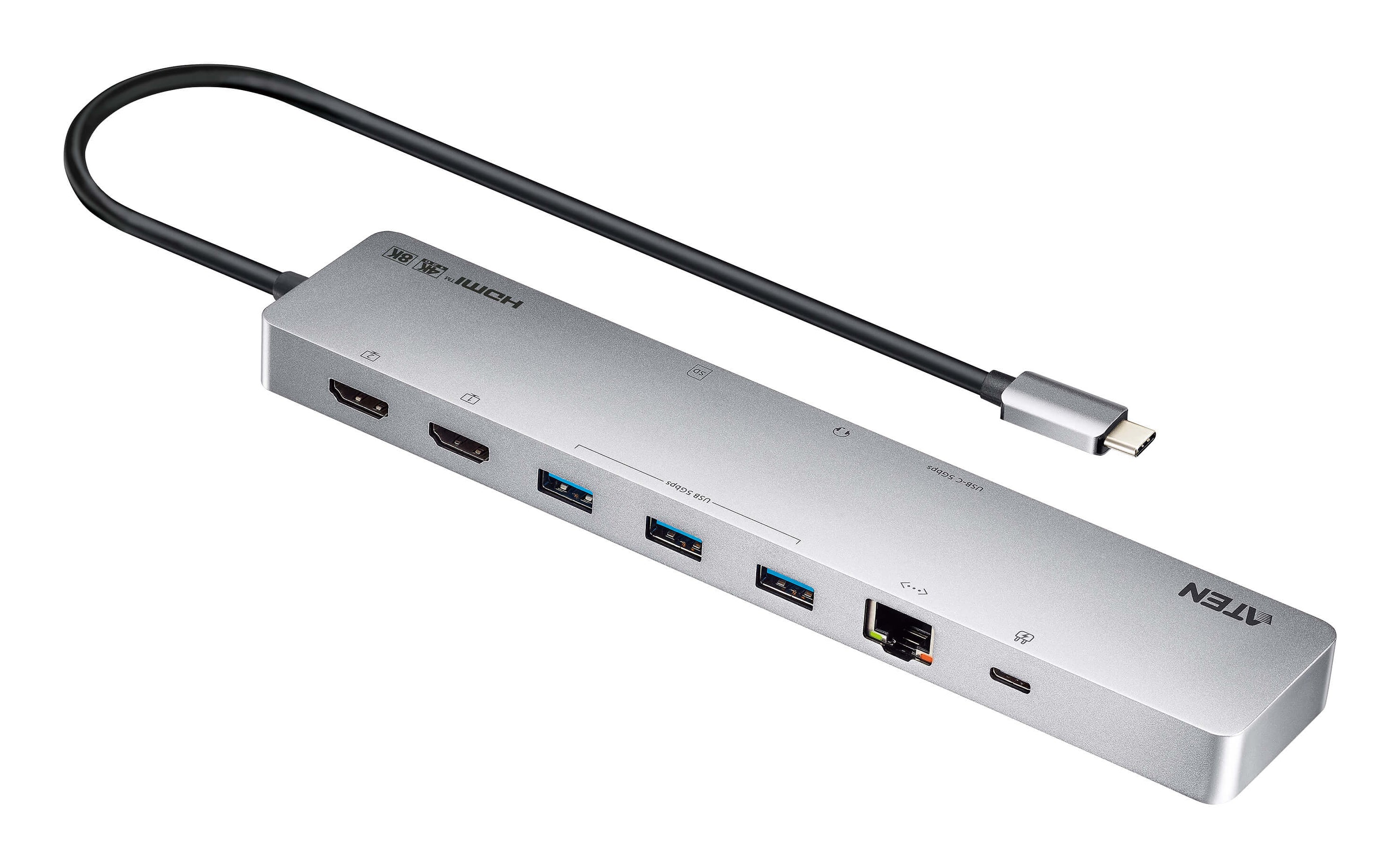 Dock Multipuerto USB-C | 11 en 1 | 8K Single o Dual 4K | PD 100W | USB 3.2 Gen 1 | Ethernet Gigabit | SD MicroSD | Aluminio