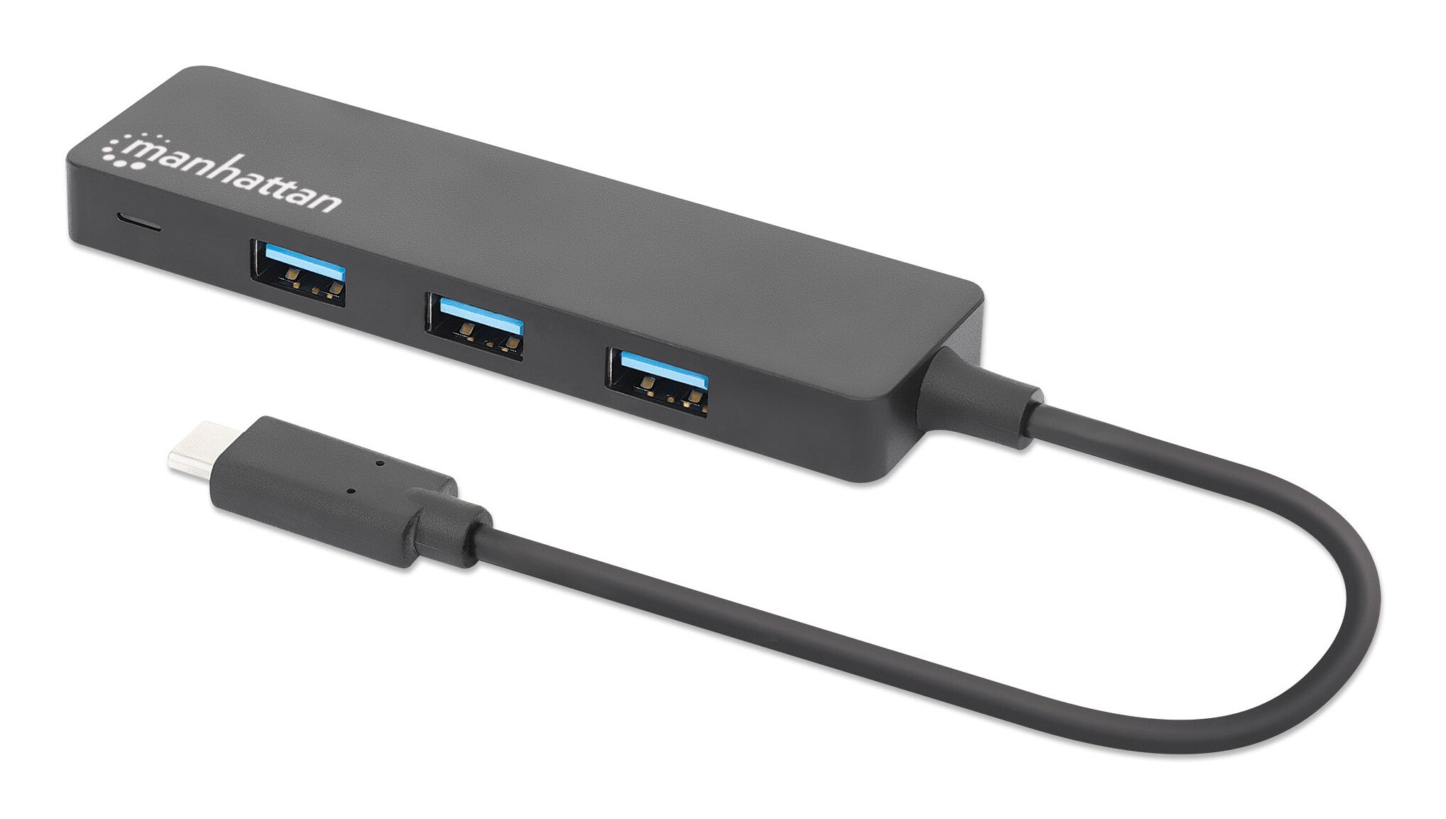 Manhattan Hub USB 3.2 Gen 1 de 4 puertos USB-A USB 3.2 Gen 1, de Tipo-C macho a 4 conectores Tipo A hembra, velocidad de transferencia hasta 5 Gbps, energía por medio del bus, negro