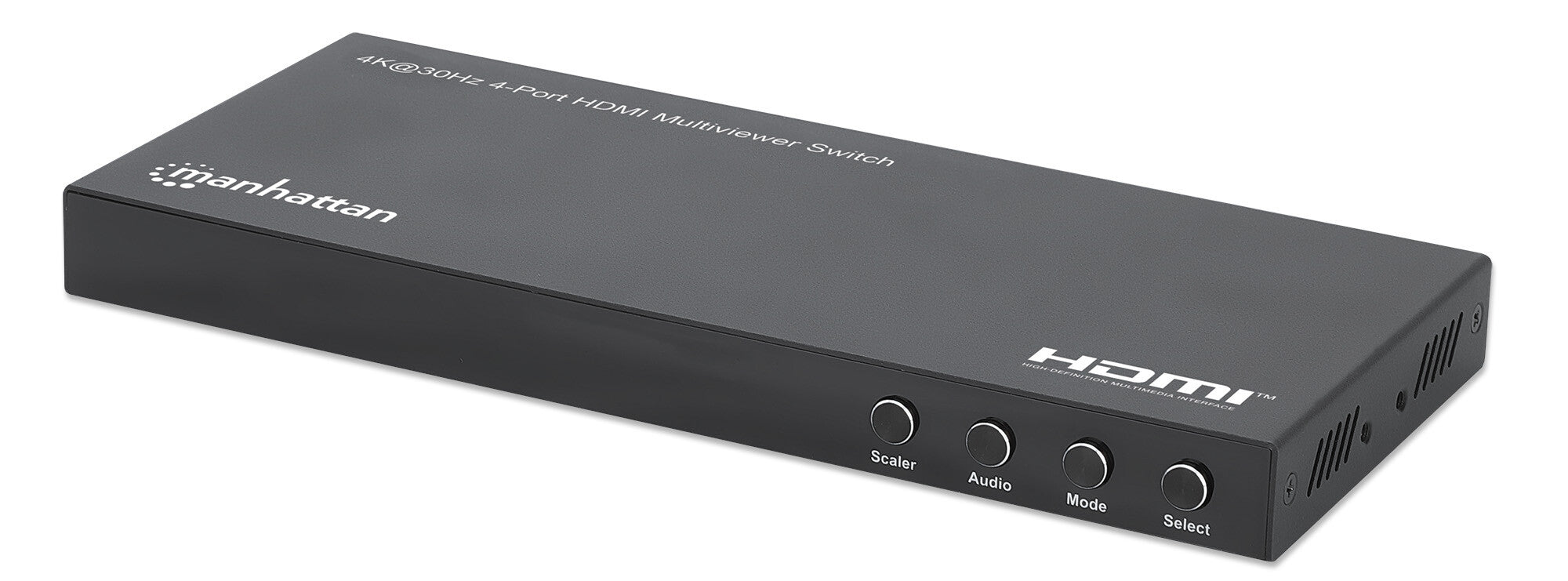 Manhattan Proyecta hasta cuatro fuentes de entrada HDMI en una pantalla de salida HDMI (4x1), múltiples opciones de visualización, incluidas imagen en imagen y pantalla doble/cuádruple, botón o control remoto, audio de 3,5 mm y Toslink, negro