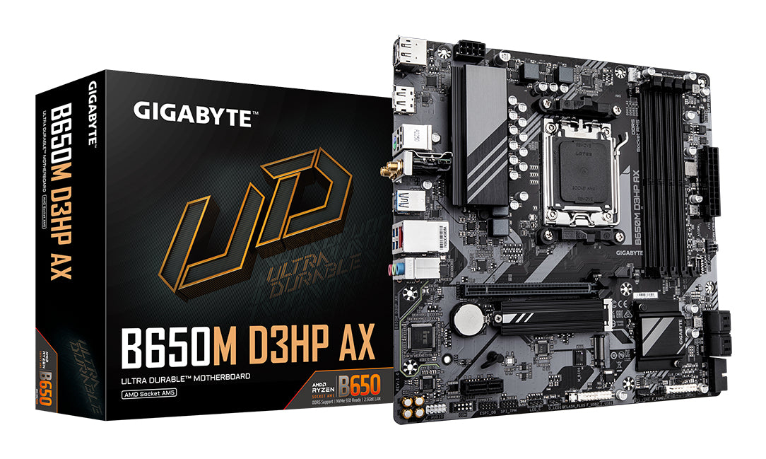 TARJETA MADRE GIGABYTE B650M D3HP AX / SOCKET AMD AM5 / RYZEN SERIE 9000 / DDR5 / DP / HDMI / WIFI 6E / MICRO ATX / GAMA MEDIA