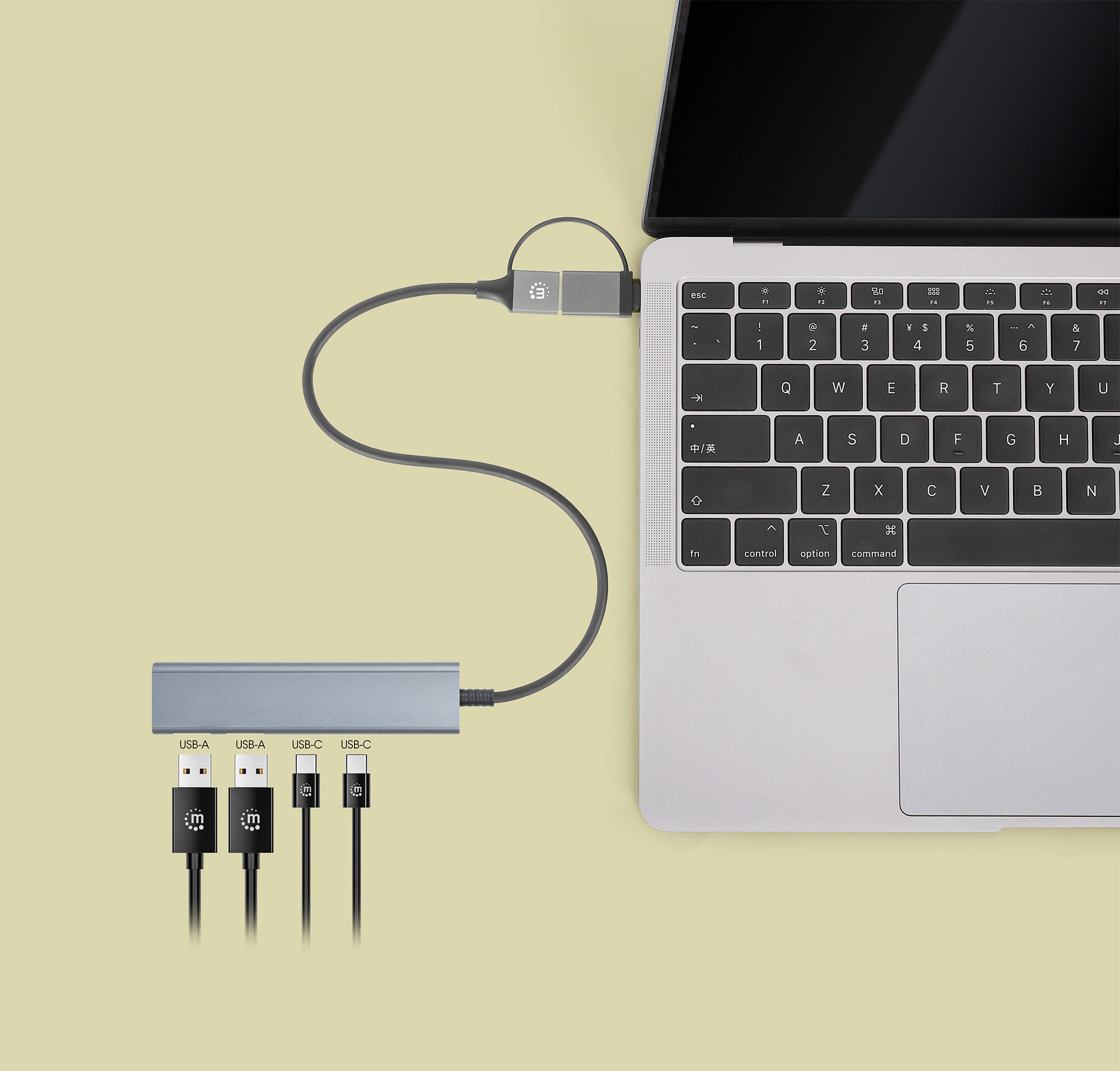Manhattan Conector adaptable de USB-A macho a USB-C macho, dos puertos USB-C hembra y dos puertos USB-A hembra, USB SuperSpeed a 5 Gbps (USB 3.2 Gen 1), alimentación por bus, aluminio, gris espacial