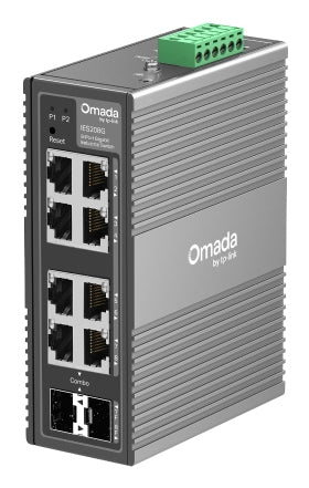 Switch Industrial Omada Easy Managed / 8 Puertos Gigabit (6× RJ45 + 2× RJ45/SFP Combo) / 16 Gbps Switching / -40°C a 75°C / Protección Rayos 6kV / Gestión Cloud / Montaje DIN Rail o Pared / IP40