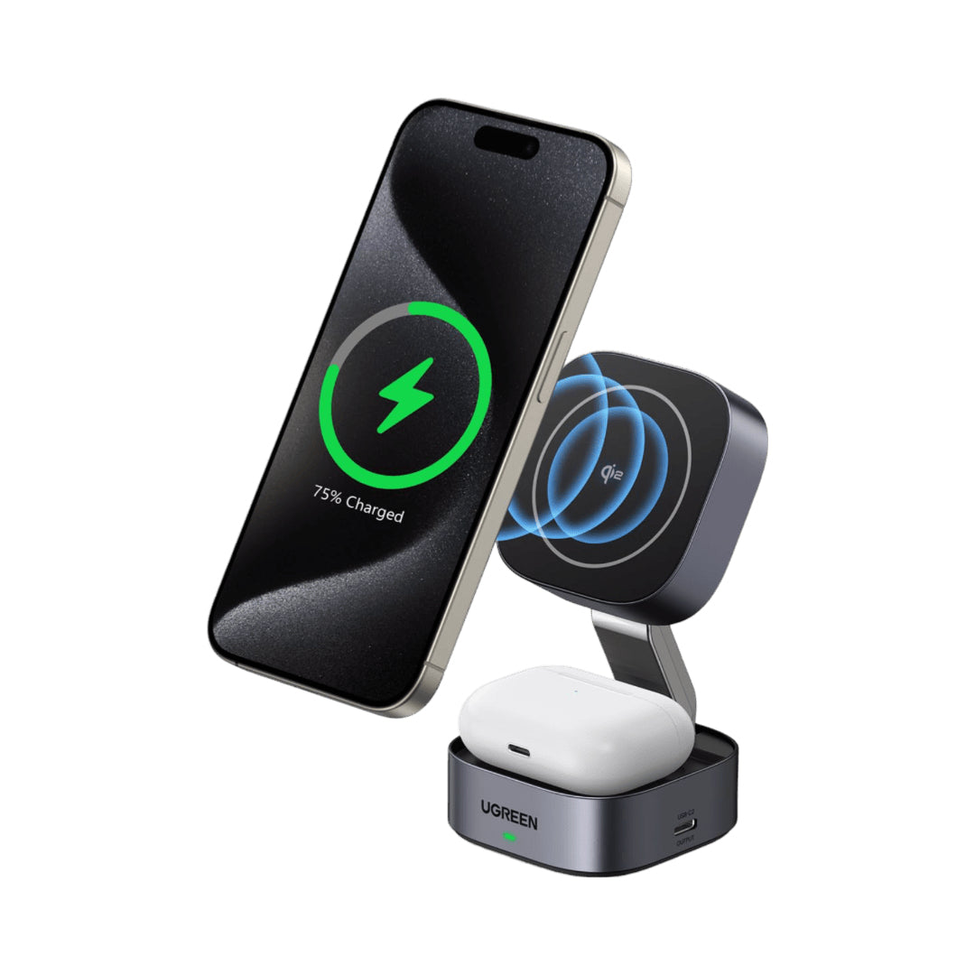 Cargador Inalámbrico 2 en 1 25W / Tecnología Magnética Qi 2 / 15W para Teléfono + 5W para Auriculares / Puerto USB-C 5W / Protecciones Múltiples / Cable USB-C Incluido