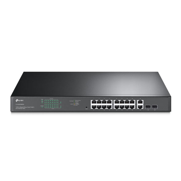 Switch JetStream de 16 puertos 10/100/1000Mbps y PoE af/at, 2 puertos SFP hasta 192W.
