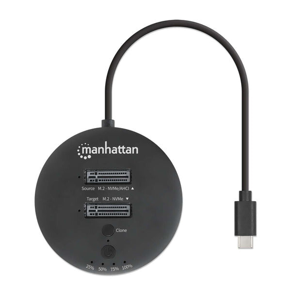 Manhattan Estación de acoplamiento y clonación de SSD M.2 NVMe. Base para duplicar o acceder a unidades M.2, con cable integrado USB-C SuperSpeed+ a 10 Gbps (USB 3.2 Gen 2), para unidades SSD 2230/2242/2260/2280/22110 con llave M o llave B+M, negro