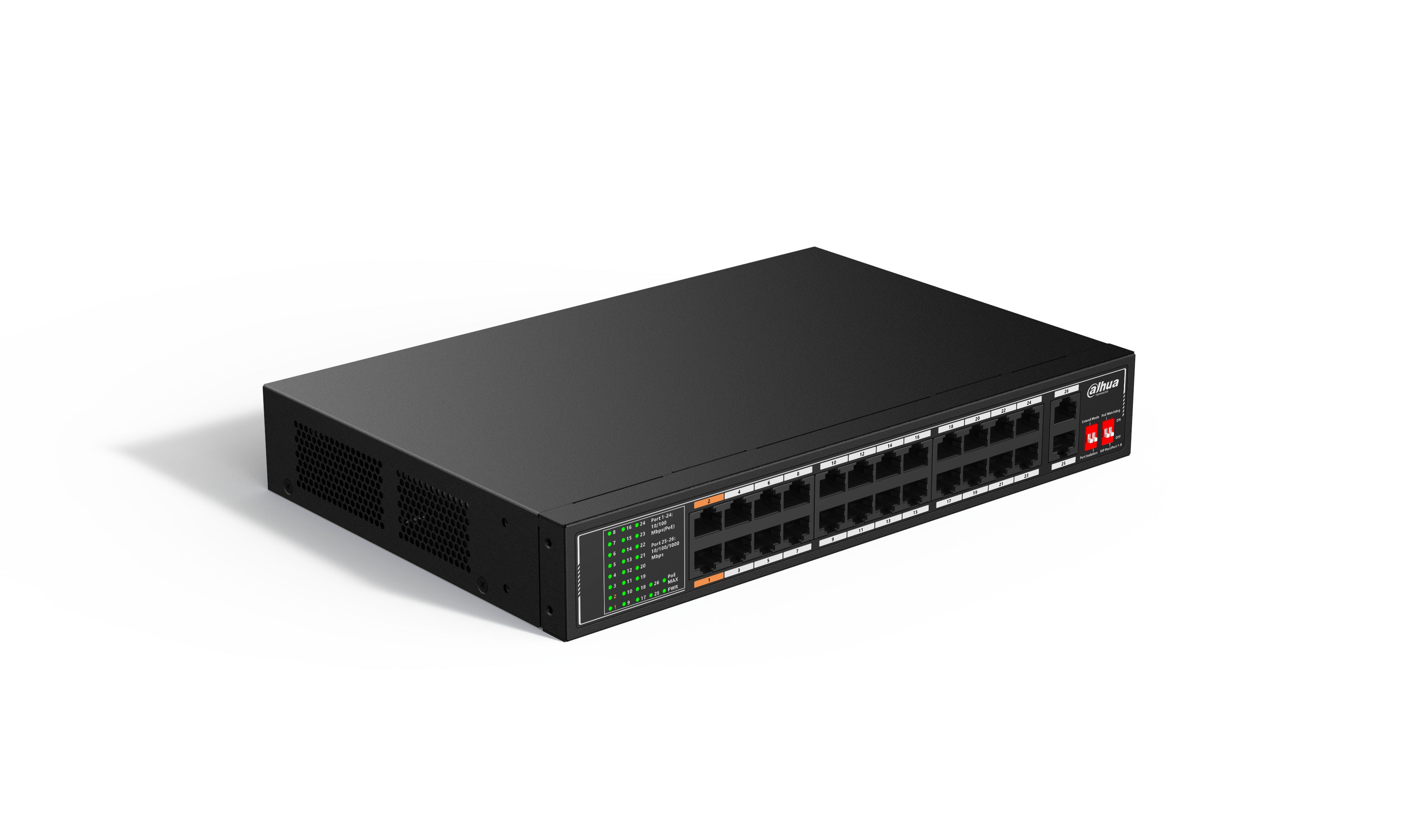 SWITCH / DAHUA/ DH-SF1026LP/POE FAST ETHERNET DE 26 PUERTOS/HASTA 190 WATTS TOTALES/ 24 PTOS POE 10/100/ 2 PUERTOS UPLINK 10/100/1000/ SWITCHING 8.8 GBPS/ STANDARES: IEEE802.3AF; IEEE802.3AT; HI-POE/