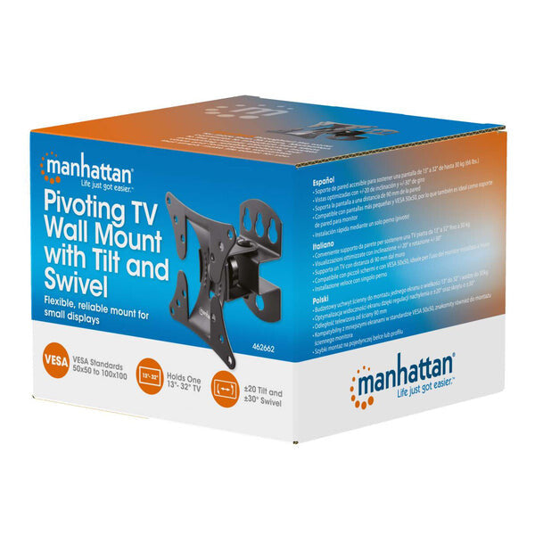 Manhattan Soporte de pared con pivote para pantalla de 13" a 32". Sujeta una pantalla o monitor de 13" a 32" de hasta 30 kg (66 lbs.), +/- 20° de inclinación, +/-30° de giro, soporte de un solo perno (pivote), negro