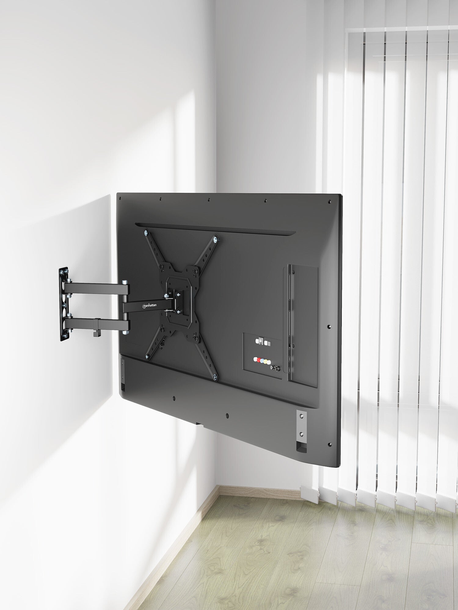 Manhattan Soporte con brazo articulado para pantalla de 23" a 55". Soporta una pantalla de 23" a 55" de hasta 30 kg (66 lbs.), +/-90° de giro, +3 a -10° de inclinación, brazo flexible que ahorra espacio, ideal para instalaciones en esquinas, negro