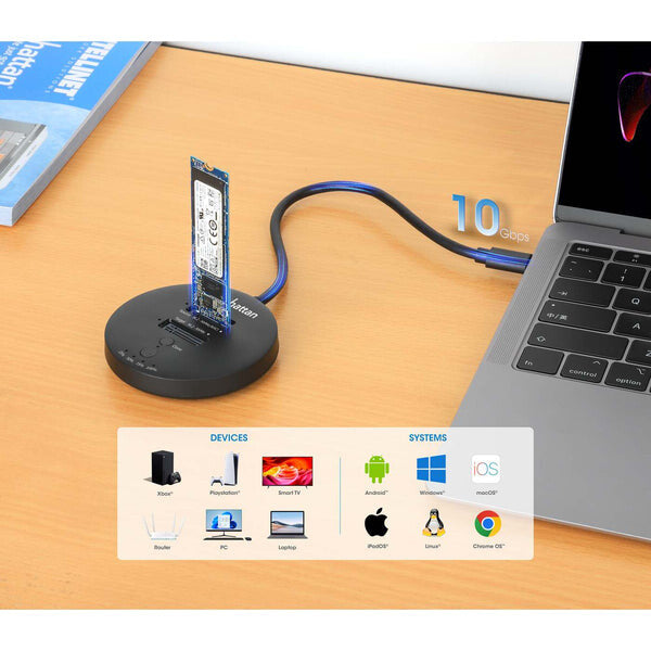 Manhattan Estación de acoplamiento y clonación de SSD M.2 NVMe. Base para duplicar o acceder a unidades M.2, con cable integrado USB-C SuperSpeed+ a 10 Gbps (USB 3.2 Gen 2), para unidades SSD 2230/2242/2260/2280/22110 con llave M o llave B+M, negro