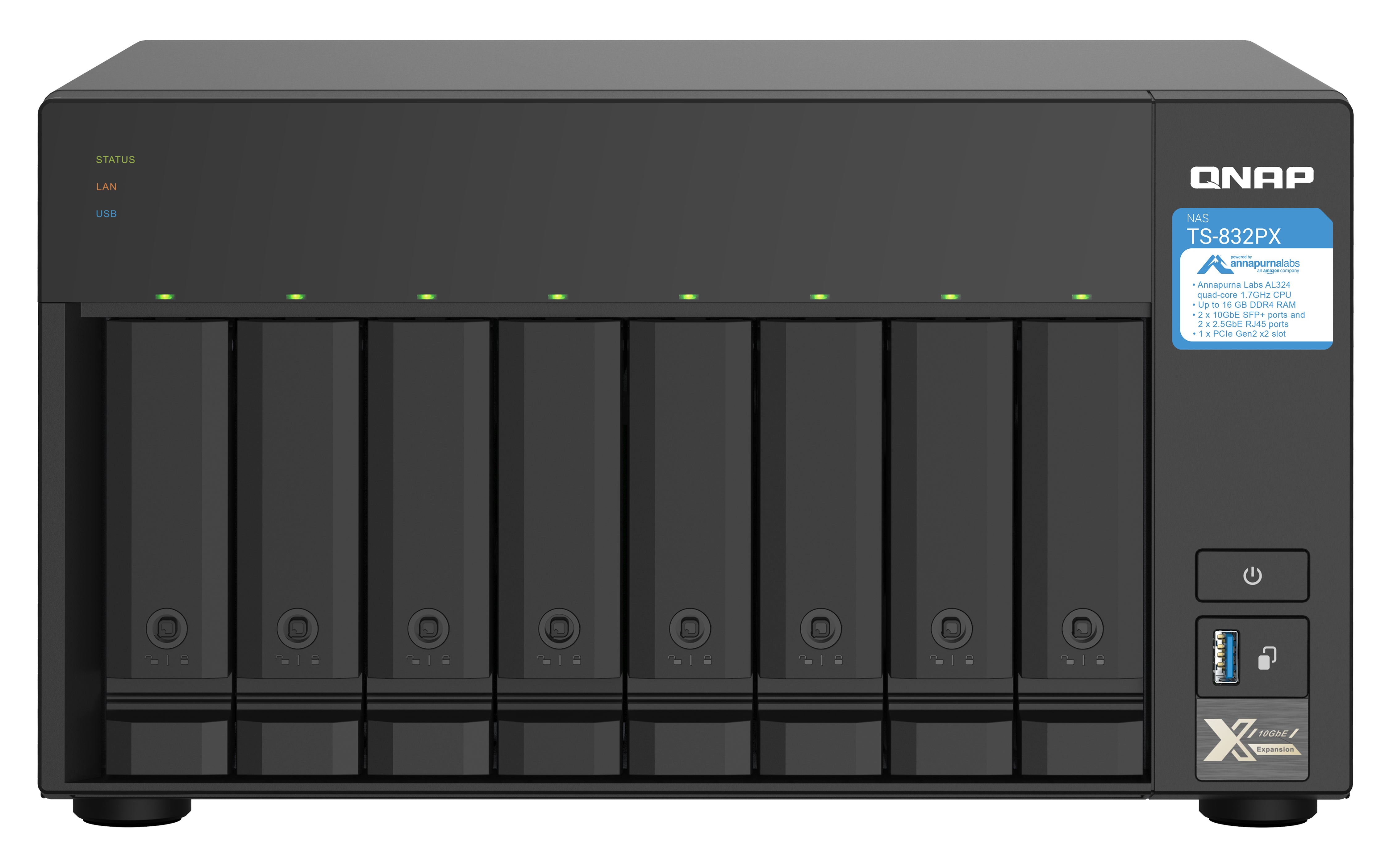 NAS QNAP TS-832PX-4G/ 8 BAHIAS SATA HDD DE 3,5/ NUCLEO CUADRUPLE 1.7GHZ/4GB DDR4 SODIMM AMPLIABLE A 16GB/2 PTO 2,5 GBE /2 PTO 10 GBE /USB 3.2 X3/ HOTSWAP/ NO INCLUYE DISCOS/ HASTA 144TB