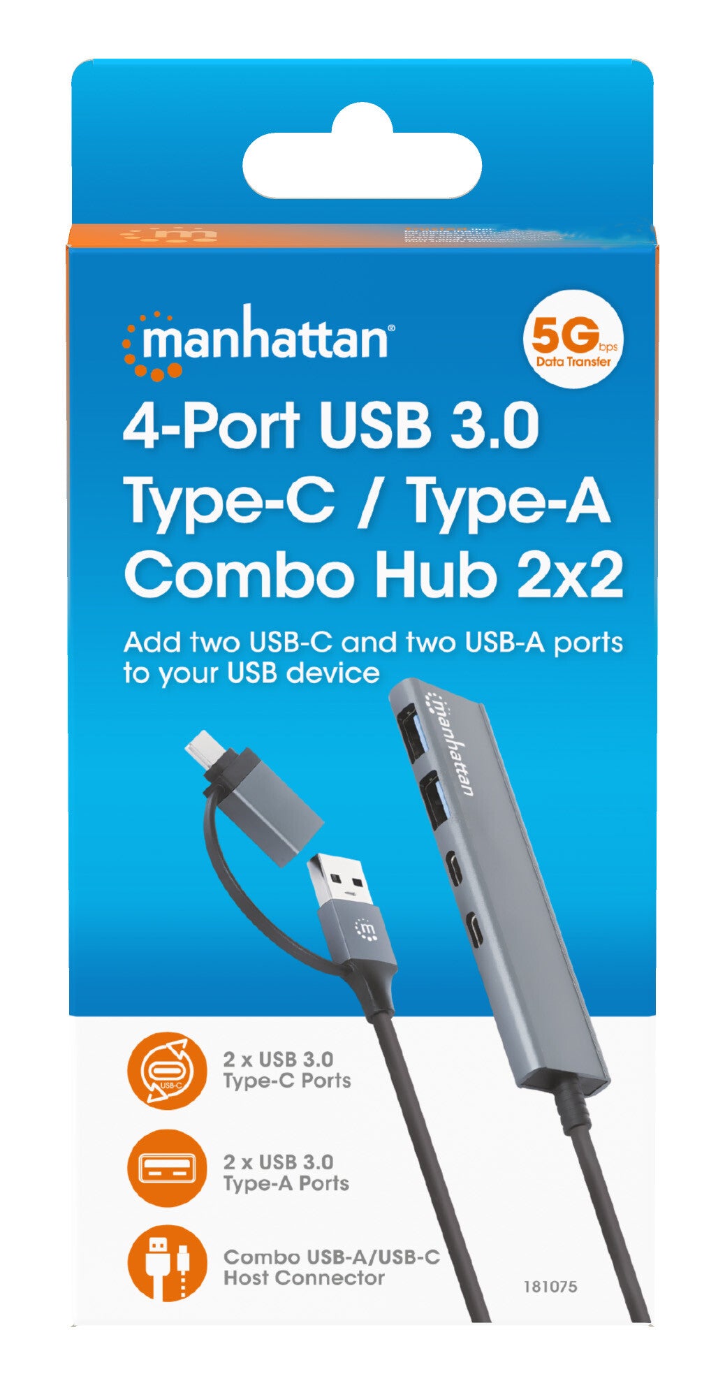 Manhattan Conector adaptable de USB-A macho a USB-C macho, dos puertos USB-C hembra y dos puertos USB-A hembra, USB SuperSpeed a 5 Gbps (USB 3.2 Gen 1), alimentación por bus, aluminio, gris espacial