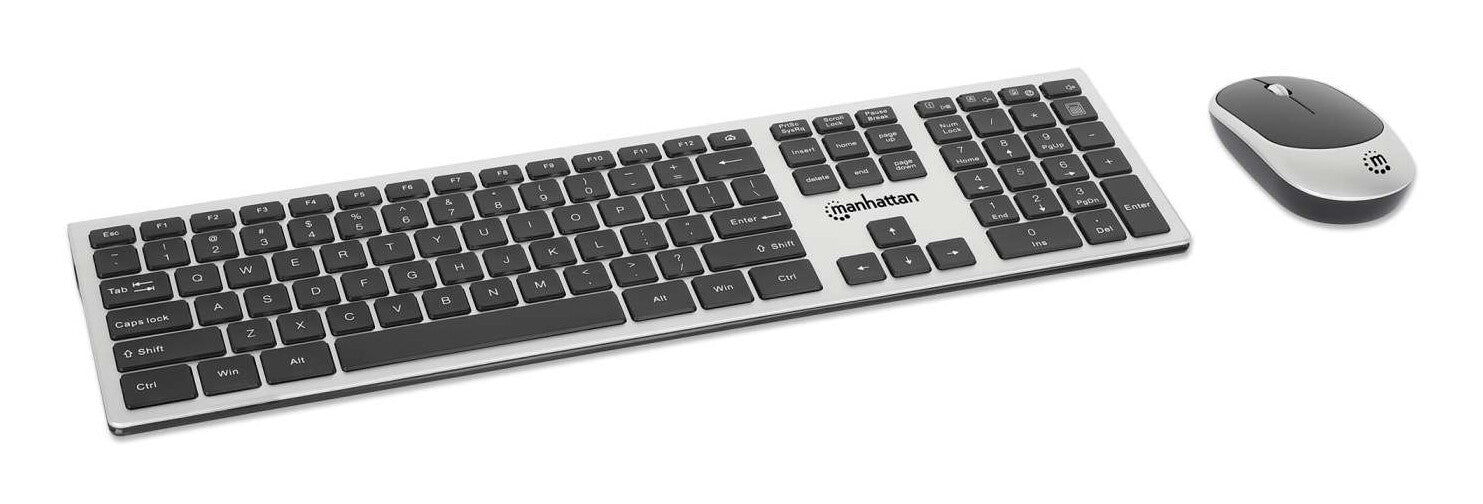 Manhattan Diseño elegante, un solo receptor USB-A Nano para ambos, teclado inalámbrico de tamaño normal, mouse óptico ambidiestro con tres botones y rueda de desplazamiento, 1200 ppp, plateado/negro