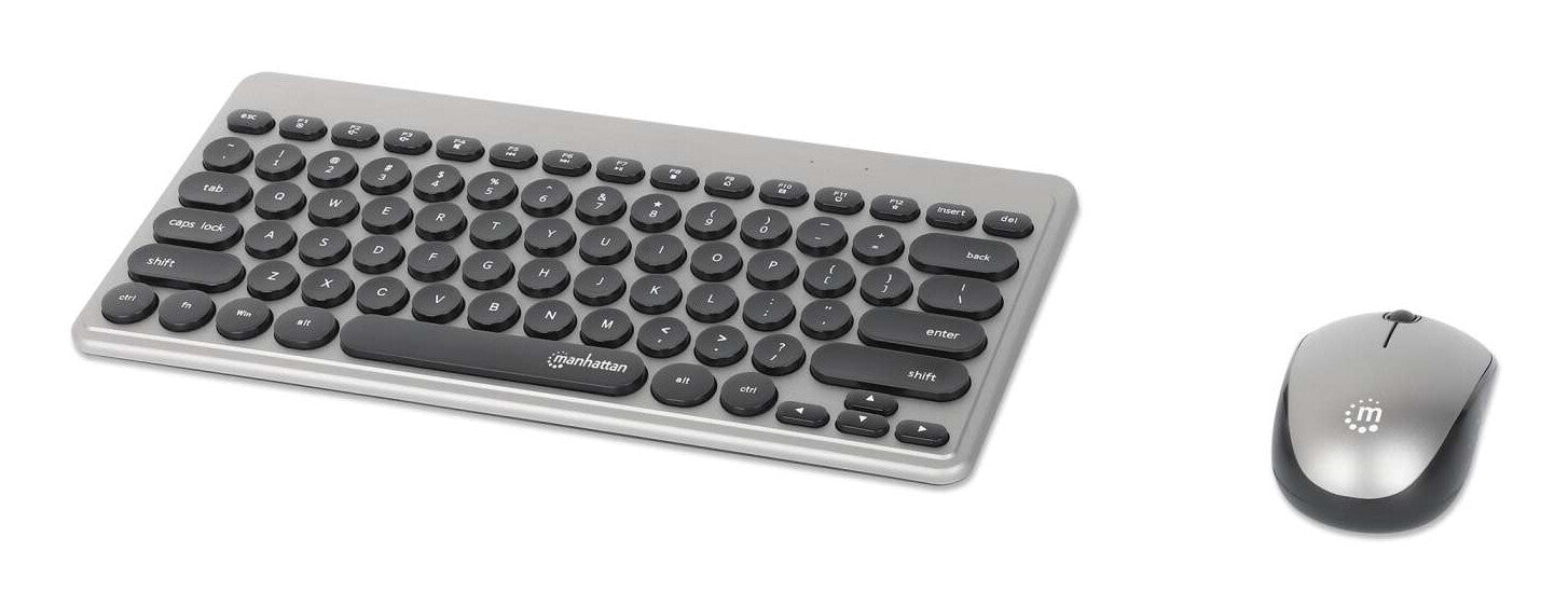Manhattan Un solo receptor USB-A Nano para ambos, teclado inalámbrico con 12 teclas multimedia/función, mouse óptico ambidiestro con tres botones y rueda de desplazamiento, 1200 ppp, negro/plateado
