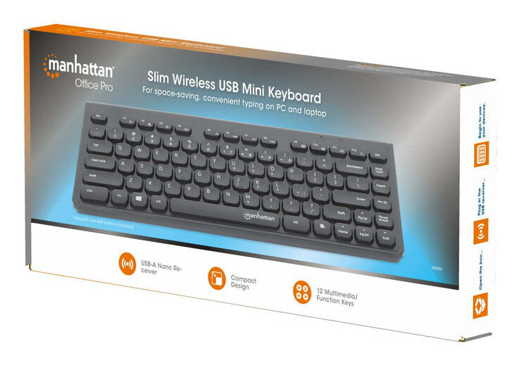 Manhattan Mini teclado USB inalámbrico, 12 teclas multimedia/funcionales, nano receptor USB-A, compacto, formato de perfil delgado, para PC y laptops, negro