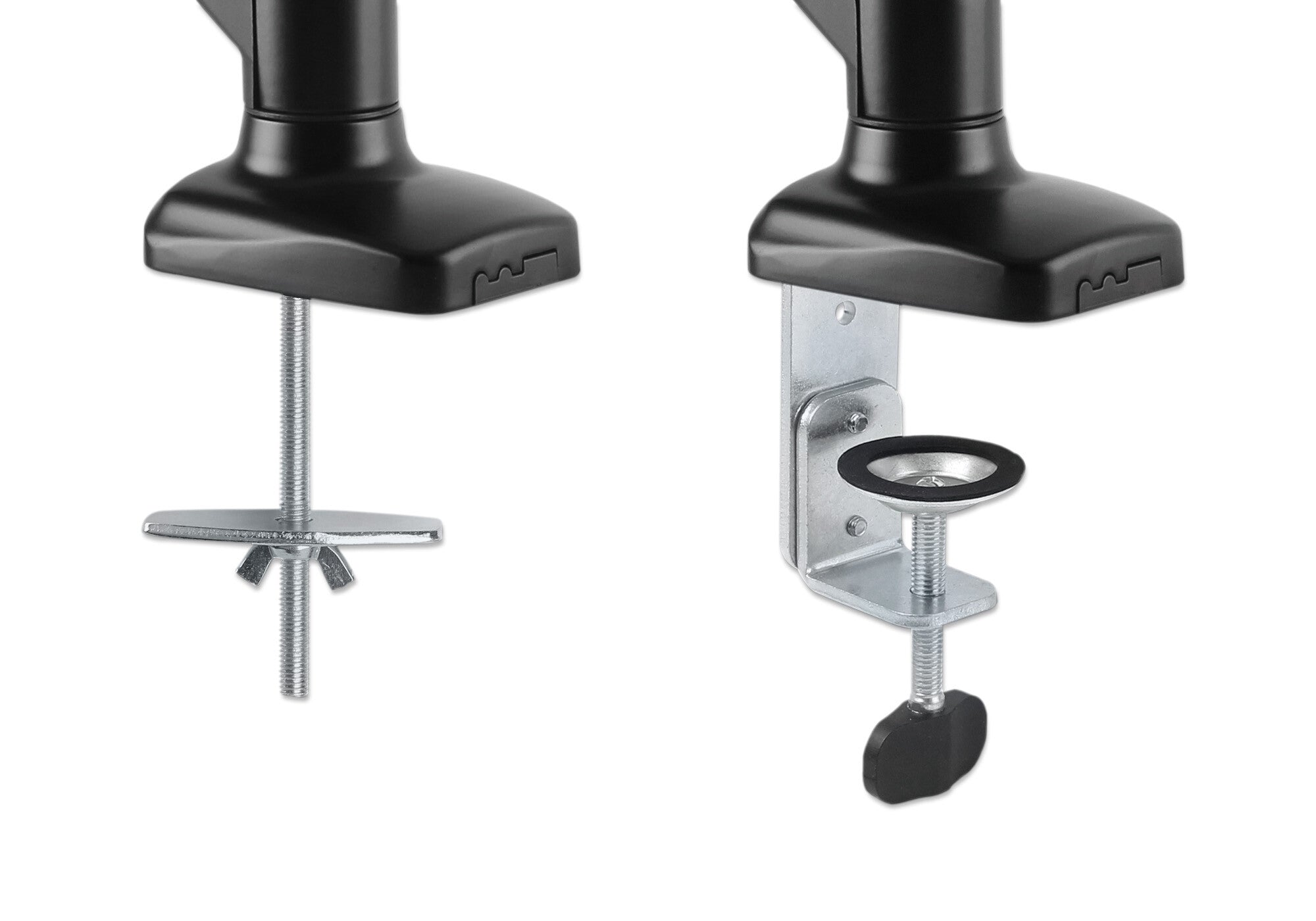 Manhattan Los brazos articulados sujetan dos monitores de 17" a 32" de hasta 9 kg cada uno; ajustes de altura, inclinación, giro y rotación de movimiento completo; instalación con abrazadera en C o pasacables; negro