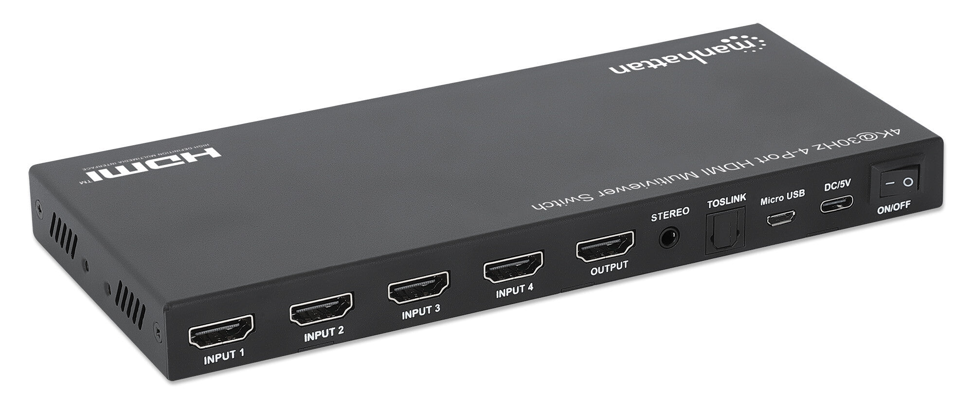 Manhattan Proyecta hasta cuatro fuentes de entrada HDMI en una pantalla de salida HDMI (4x1), múltiples opciones de visualización, incluidas imagen en imagen y pantalla doble/cuádruple, botón o control remoto, audio de 3,5 mm y Toslink, negro