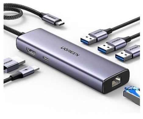 HUB USB-C (Docking Revodok) 6 en 1 | 3 Puertos USB-A 3.0 (5 Gbps) | USB-C PD 100W | HDMI 4K@30Hz | Entrada 1 RJ45 (Gigabit Ethernet) | Chip de Última Generación | Potente Disipación de Calor |  Caja de Aluminio.