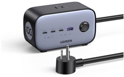 Cargador de Escritorio y Tomacorriente Múltiple | 3 Puertos USB-C | 1 Puertos USB-A | 3 Tomacorriente de CA | Tecnología GaN II | 1 USB 100W PD | Carga Rápida | Diseño Innovador en Forma de Cubo | Interruptor de Apagado.