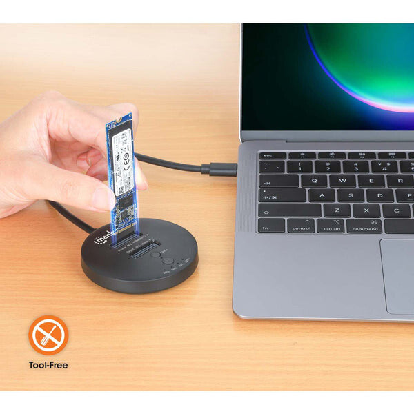 Manhattan Estación de acoplamiento y clonación de SSD M.2 NVMe. Base para duplicar o acceder a unidades M.2, con cable integrado USB-C SuperSpeed+ a 10 Gbps (USB 3.2 Gen 2), para unidades SSD 2230/2242/2260/2280/22110 con llave M o llave B+M, negro