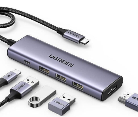 HUB USB-C (Docking Station) 5 en 1 | HDMI 2.0 4K@30Hz | 3 USB-A 3.0 (5Gbps) | USB-C PD Carga 100W | Potente Disipación de Calor | Chip de Ultima Generación | Cable de Nylon Trenzado de 25 cm | Carcasa de Aluminio.