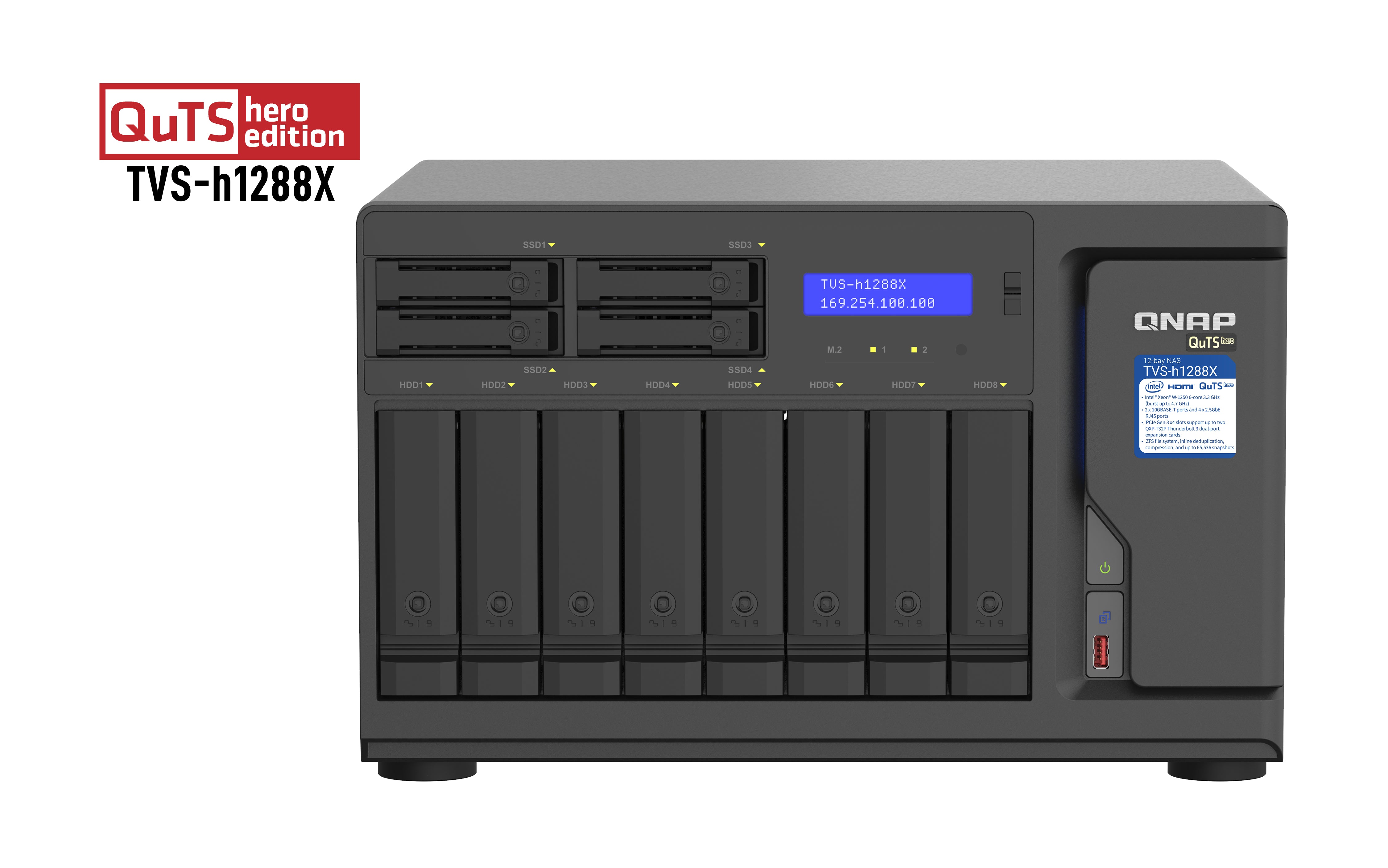 NAS QNAP TVS-H1288X-W1250-16G/ 12 BAHIAS /8 DE 3,5 4 DE 2,5/ SEIS NUCLEOS 4.7 GHZ/16GB DDR4 UDIMM HASTA 128GB/4 PTO 2,5 GBE/2 PTO 10 GBE /USB 3.2 X2/ HOTSWAP/ NO INCLUYE DISCOS/ M.2 22110/2280 NVME