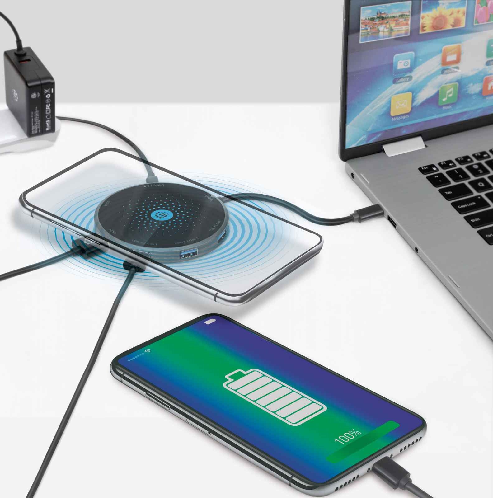 Manhattan Docking USB-C con base de carga inalámbrica