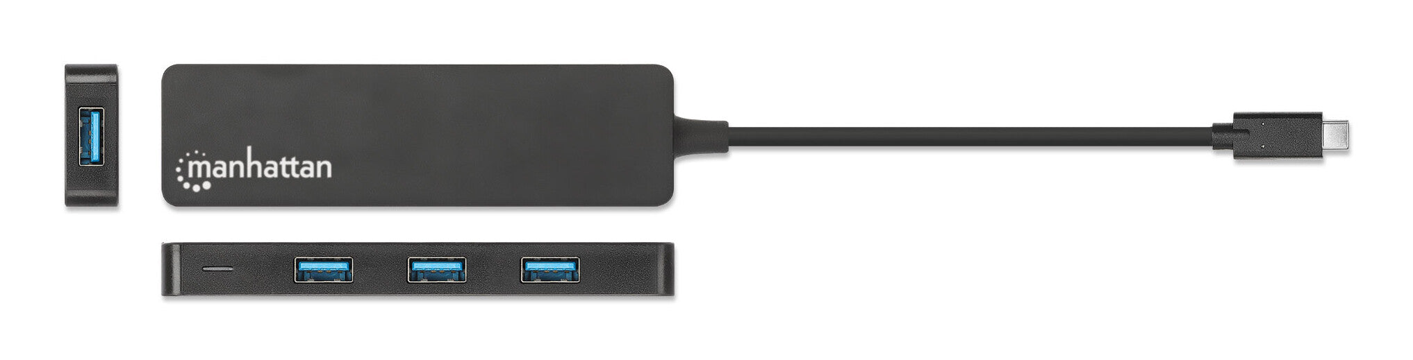 Manhattan Hub USB 3.2 Gen 1 de 4 puertos USB-A USB 3.2 Gen 1, de Tipo-C macho a 4 conectores Tipo A hembra, velocidad de transferencia hasta 5 Gbps, energía por medio del bus, negro