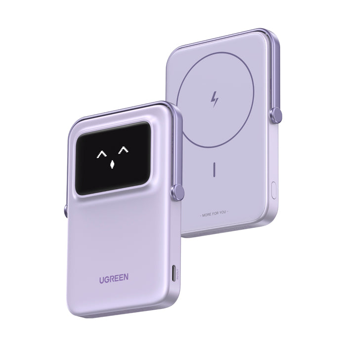 Power Bank Inalambrico | 5000mAh | 7.5W  |  Con Emojis de Estado | Carga Rápida USB-C Bidireccional  | Pantalla TFT  Inteligente | 13 niveles de Proteccion | Con Holder | Color Purple.