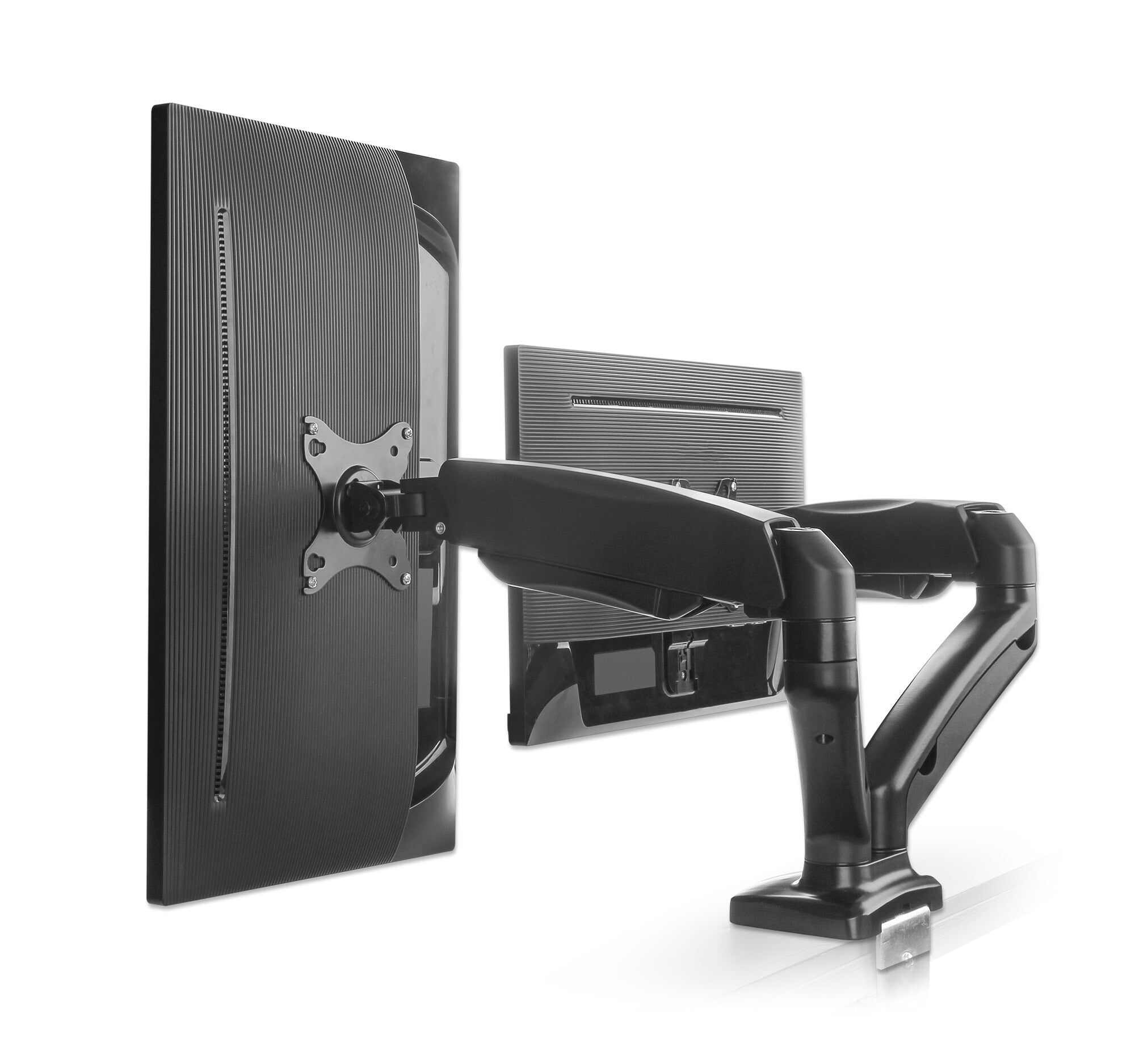 Manhattan Los brazos articulados sujetan dos monitores de 17" a 32" de hasta 9 kg cada uno; ajustes de altura, inclinación, giro y rotación de movimiento completo; instalación con abrazadera en C o pasacables; negro