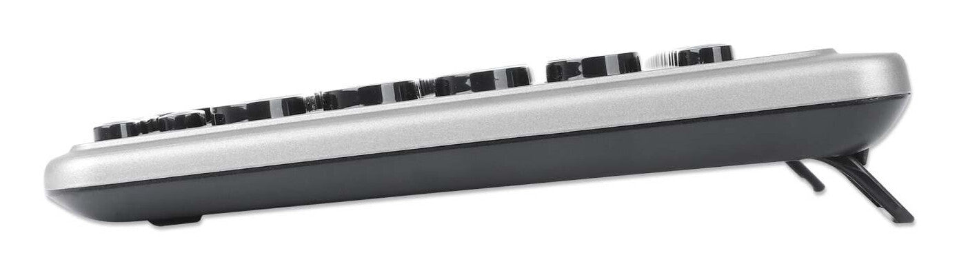 Manhattan Un solo receptor USB-A Nano para ambos, teclado inalámbrico con 12 teclas multimedia/función, mouse óptico ambidiestro con tres botones y rueda de desplazamiento, 1200 ppp, negro/plateado