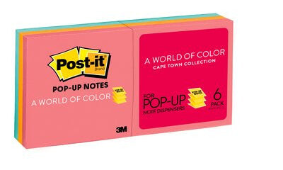 Post-It Pop-up Notes, 3 in x 3 in, Cape Town Collection, 6 Pads/Pack nota autoadhesiva Azul, Naranja, Rosa 100 hojas Autoadhesivo