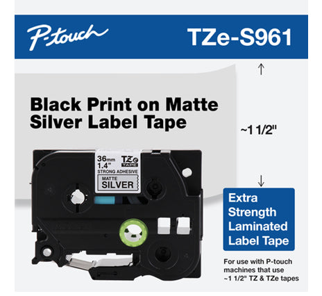 Cinta Brother TZES961 Laminada Extra Resistente Texto Negro Sobre Fondo Plateado Mate 36mmx8m