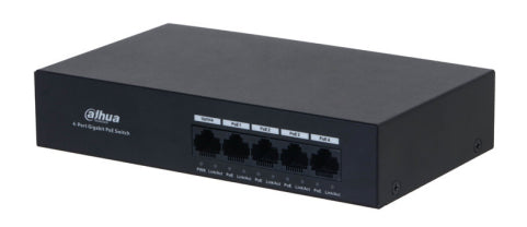 SWITCH/ DAHUA/ DH-PFS3005-4GT-36 CON 4 PTO GIGABIT POE Y 1 PTO RJ45 10/100/1000 MBPS. OFRECE PROTECCION CONTRA DESCARGAS ELECTRICAS, IDEAL PARA ALIMENTAR DISPOSITIVOS IP. INCLUYE FUENTE DE PODER INTE