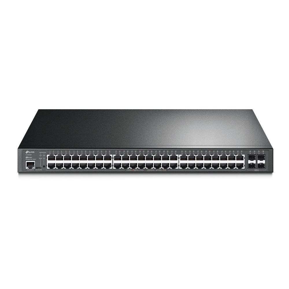 Switch L2+ Omada PoE+ / 48 Puertos PoE+ 10/100/1000 Mbps / 4 Puertos SFP 1G / 2 Puertos Consola (RJ45 y microUSB) / Administración Centralizada Omada o Stand-Alone / Multicast IGMP / Calidad de Servicio / Presupuesto PoE 384W / Montaje en Rack
