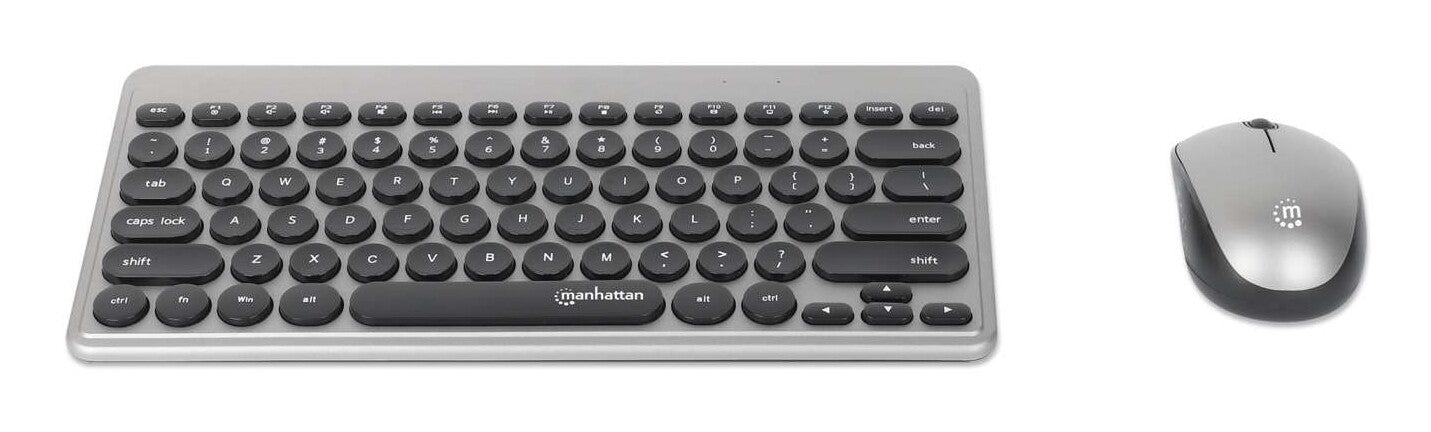 Manhattan Un solo receptor USB-A Nano para ambos, teclado inalámbrico con 12 teclas multimedia/función, mouse óptico ambidiestro con tres botones y rueda de desplazamiento, 1200 ppp, negro/plateado