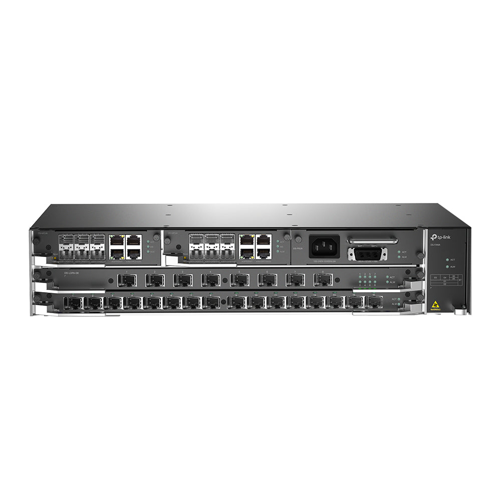 DeltaStream - OLT Módular GPON / Conexión de hasta 4,096 ONUs / 2 Tarjetas Main / Puertos Gigabit RJ45 Uplink / 4 Puertos SFP+ Uplink / Fuente Redundante AC- DC (incluida) / Administración desde la nube (DPMS)