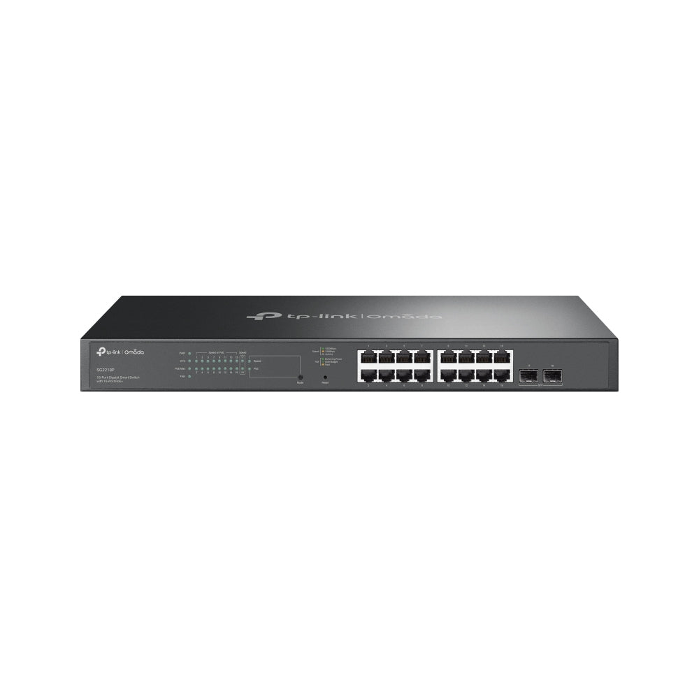 Switch Smart Omada 18 Puertos Gigabit / 16 Puertos PoE+ 802.3af/at / 2 Ranuras SFP Gigabit / Presupuesto PoE 150 W / Switching 36 Gbps / Enrutamiento Estático L2+ / Gestión Cloud SDN / Fanless / Montable en Rack