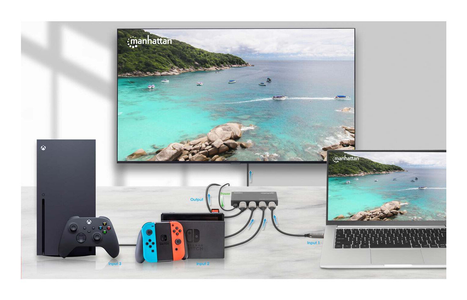 Manhattan Alterna entre tres entradas HDMI en una salida HDMI (3x1), 4K60Hz, 18G, conmutación automática y manual, mando a distancia por infrarrojos, negro