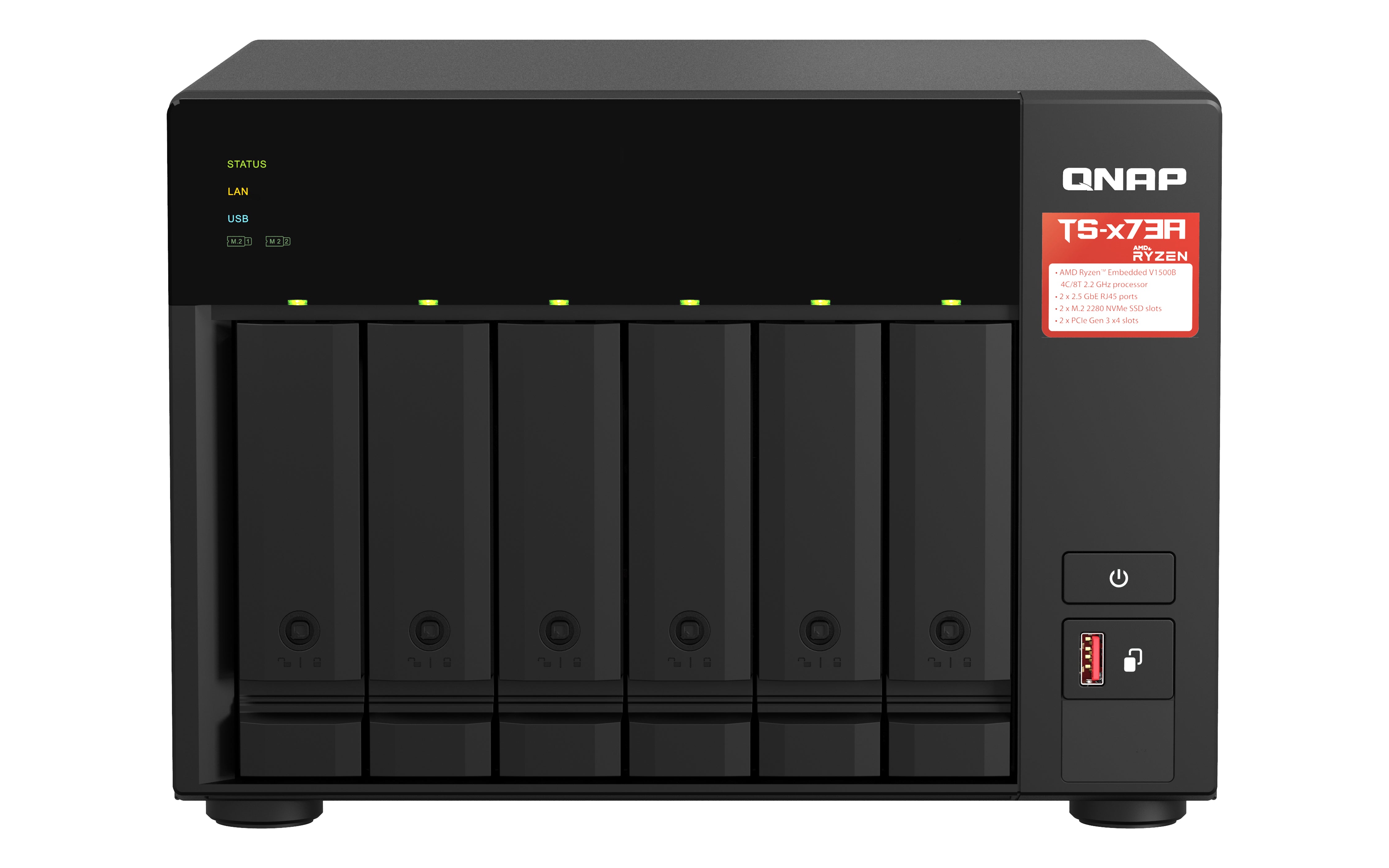 NAS QNAP TS-673A-8G /6 BAHIAS /NCLEO CUADRUPLE 2.2GHZ/8GB DDR4 AMPLIABLES A 64 GB/LAN 2,5GBE X2/USB 3.2 X2/HOT SWAP/ SOPORTA M.2 2280/ NO INCLUYE DISCOS