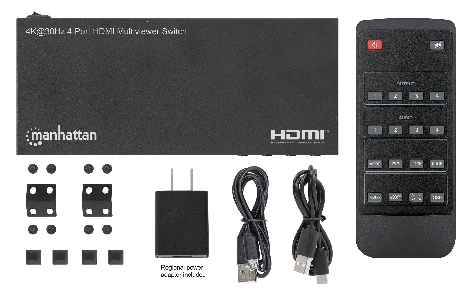 Manhattan Proyecta hasta cuatro fuentes de entrada HDMI en una pantalla de salida HDMI (4x1), múltiples opciones de visualización, incluidas imagen en imagen y pantalla doble/cuádruple, botón o control remoto, audio de 3,5 mm y Toslink, negro