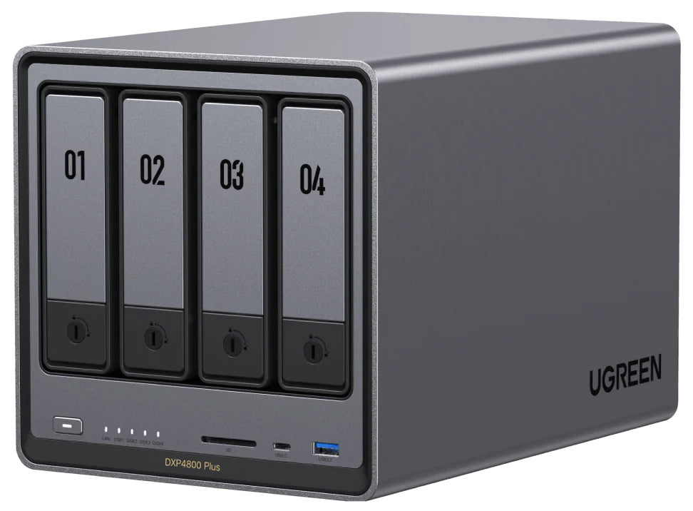 NAS UGREEN NASync DXP4800 Plus / Procesador Intel Pentium Gold 8505 5 Núcleos / 4 Bahías SATA + 2 M.2 NVMe PCIe 4.0 / 8GB DDR5 Expandible a 64GB / 10GbE + 2.5GbE / USB 3.2 Gen 2 Tipo C / HDMI 4K / Sistema Almacenamiento Conectado Red